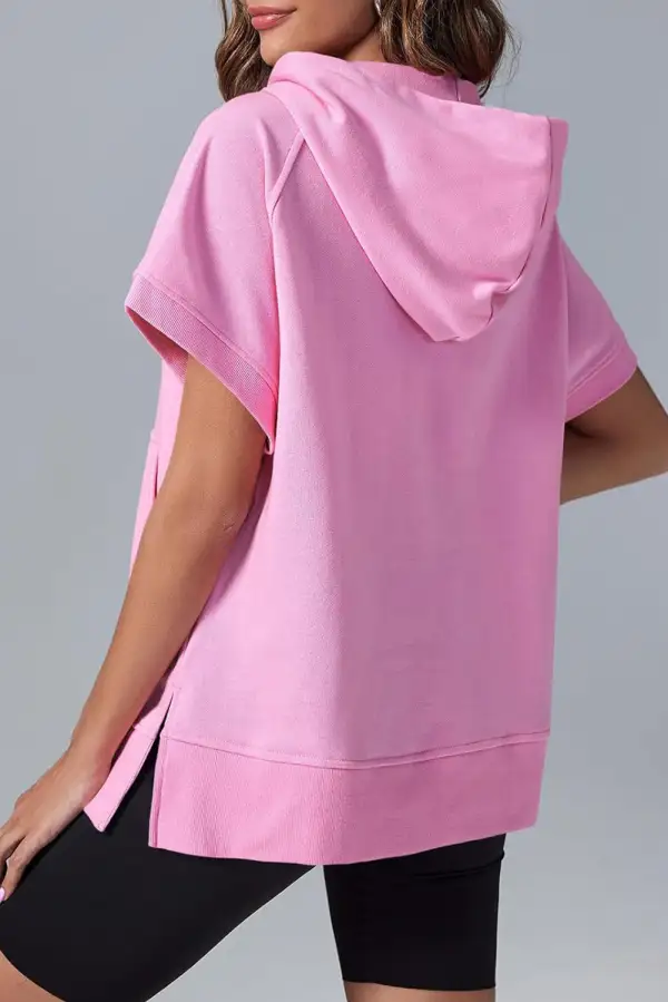 Everyday Half Zipper Kangaroo Pocket Short Sleeve Hoodie