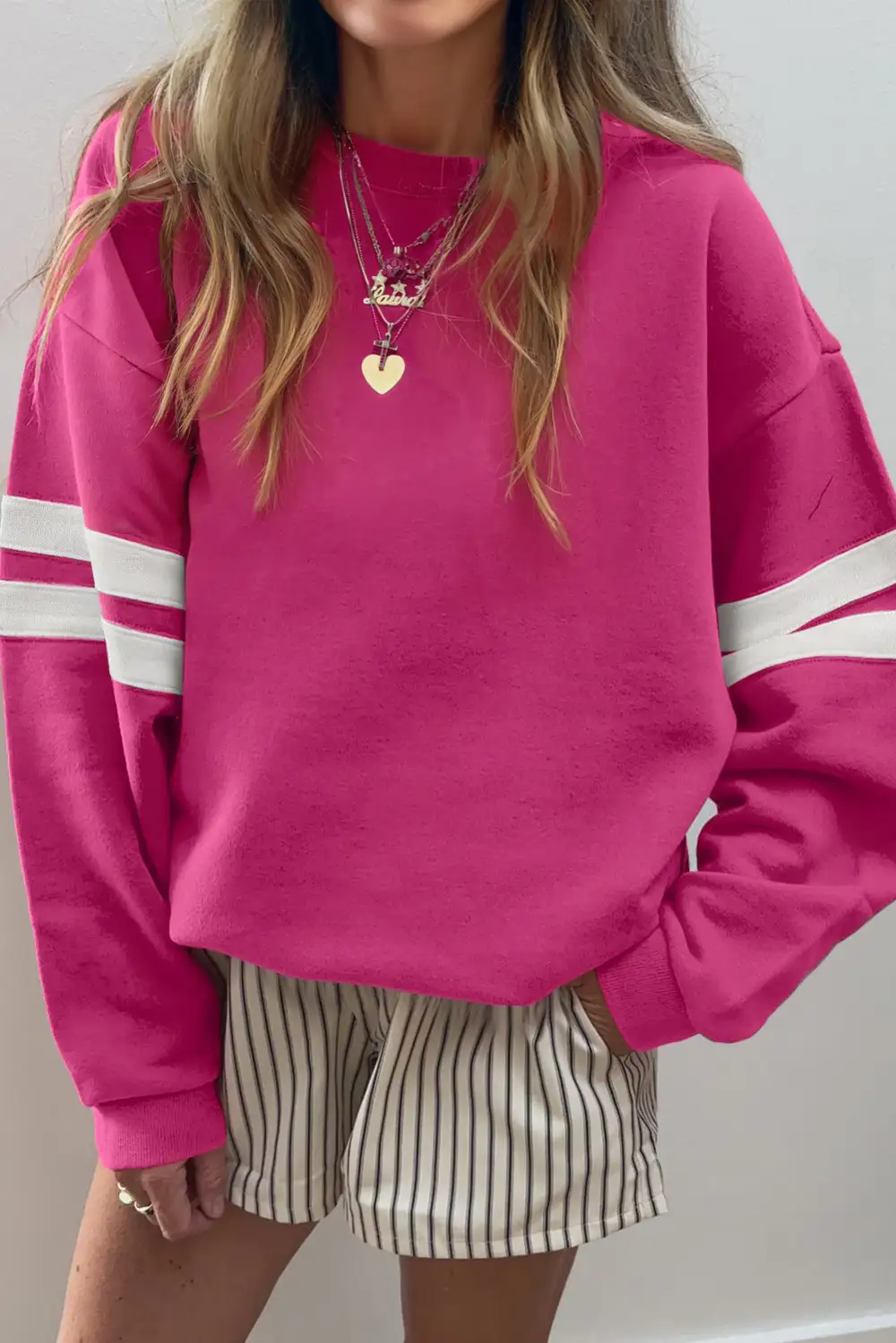 Soft Feel Relaxed Striped Drop Shoulder Varsity Stripe Sweatshirt