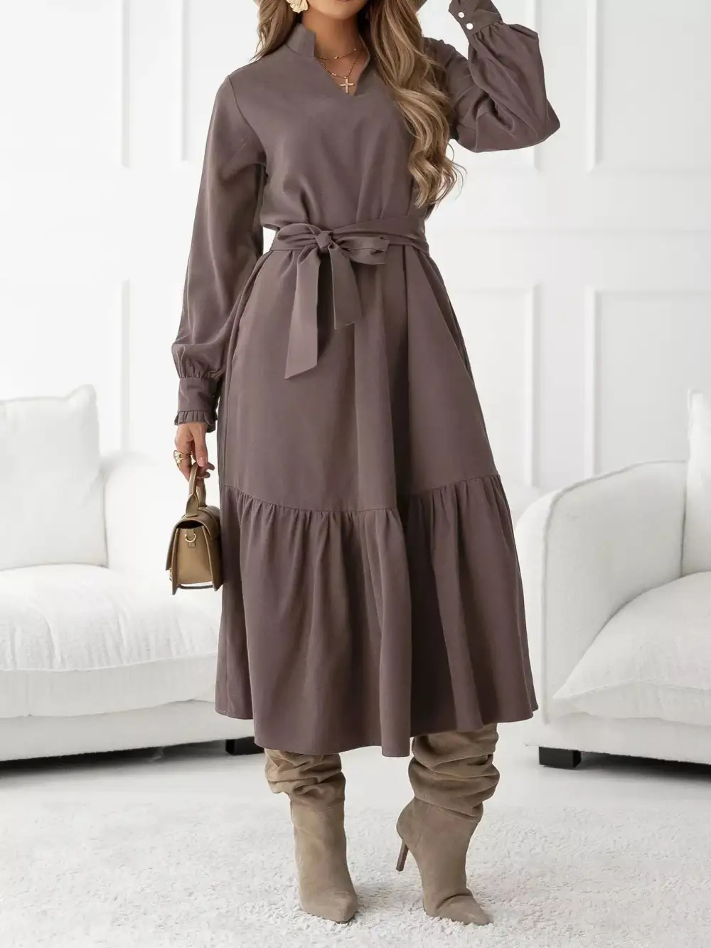 Tie Waist Ruffle Long Sleeve Midi Dress
