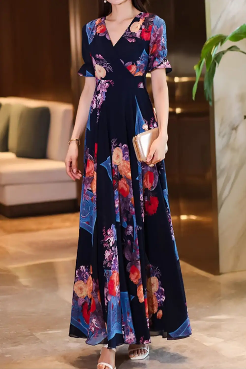 Refined Floral Chiffon Ruffle V Neck Short Sleeve Maxi Dress
