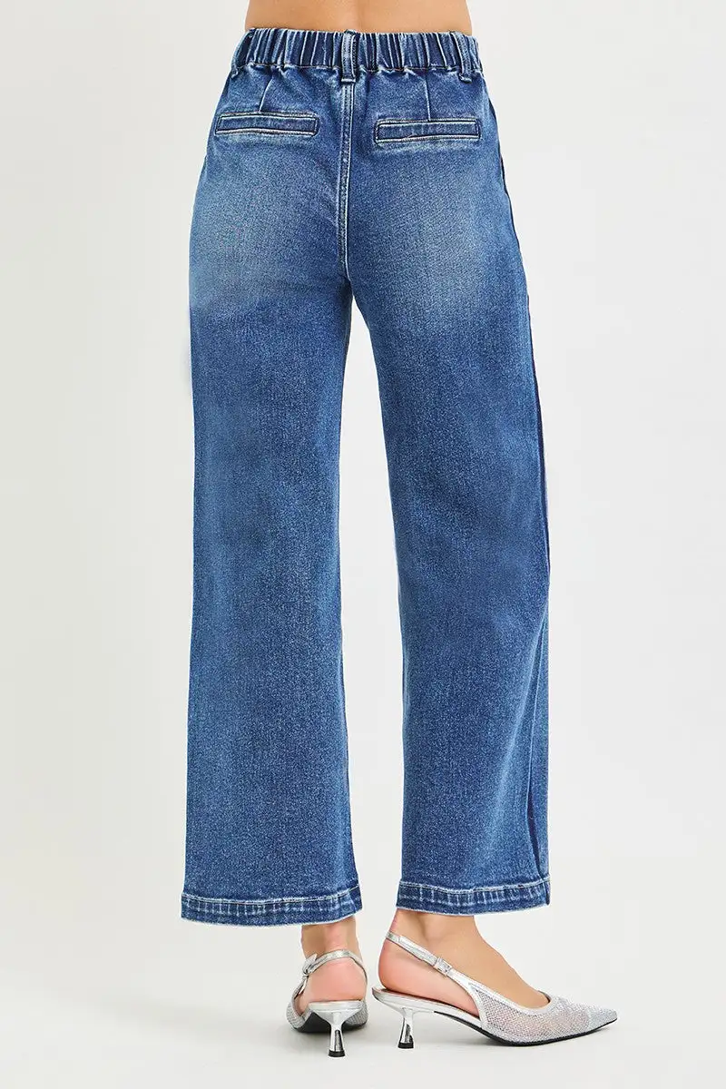 High Rise Drawstring Elastic Waist Wide Leg Jeans
