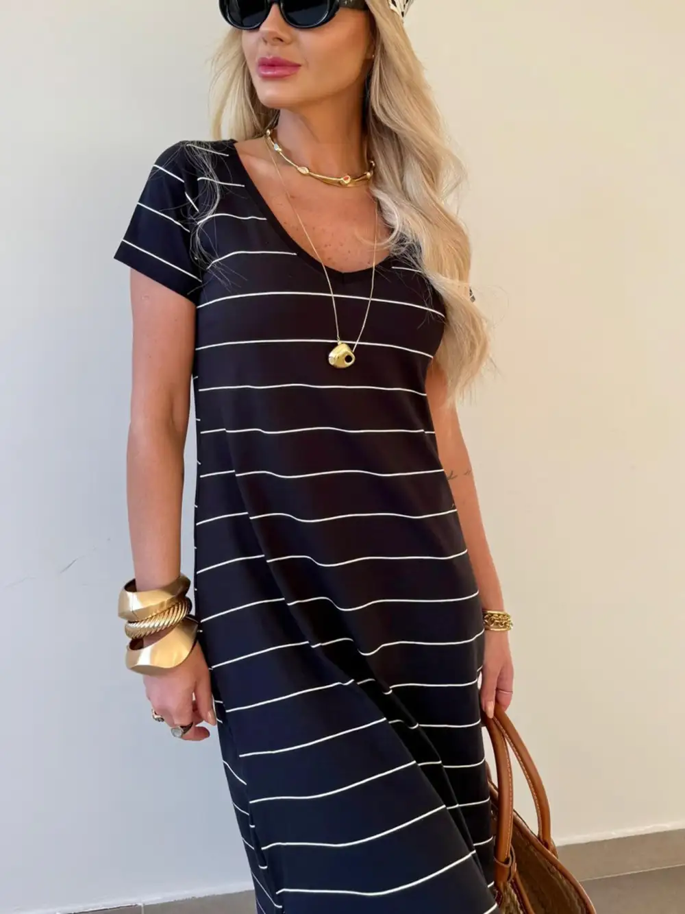 Striped Slit Midi Dress