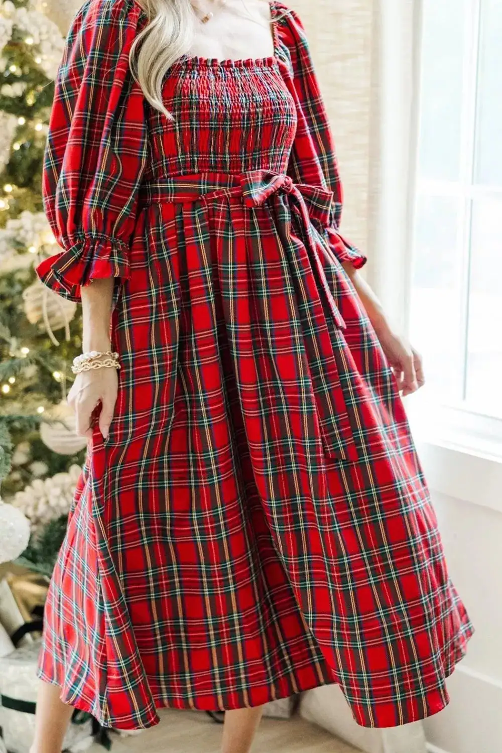 Plaid Smocked Midi Dress