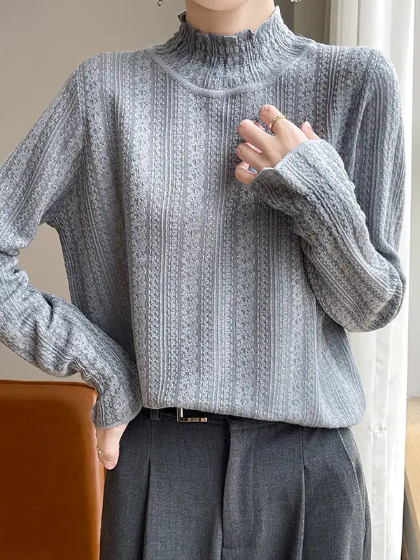 Long Sleeve Relaxed Elasticity Ruffle Trim Mock Neck T-Shirt