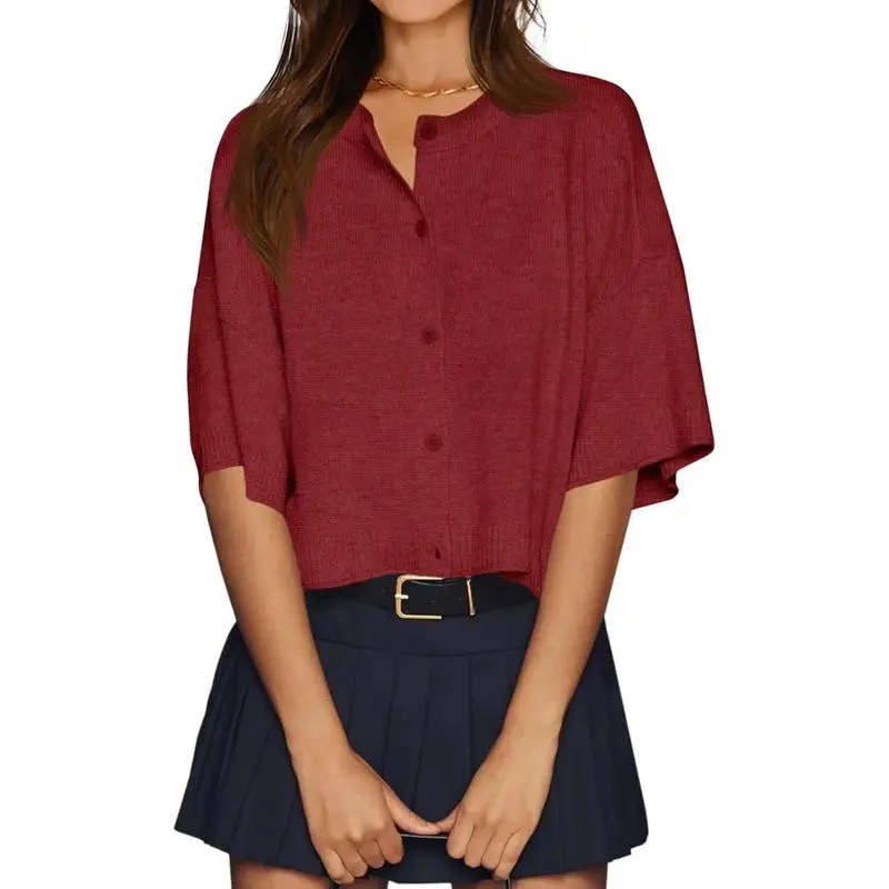 Womens Half Sleeve Cardigan Sweaters Cropped Button Down Tops Oversized Lightweight Ribbed Knit Summer Outfits