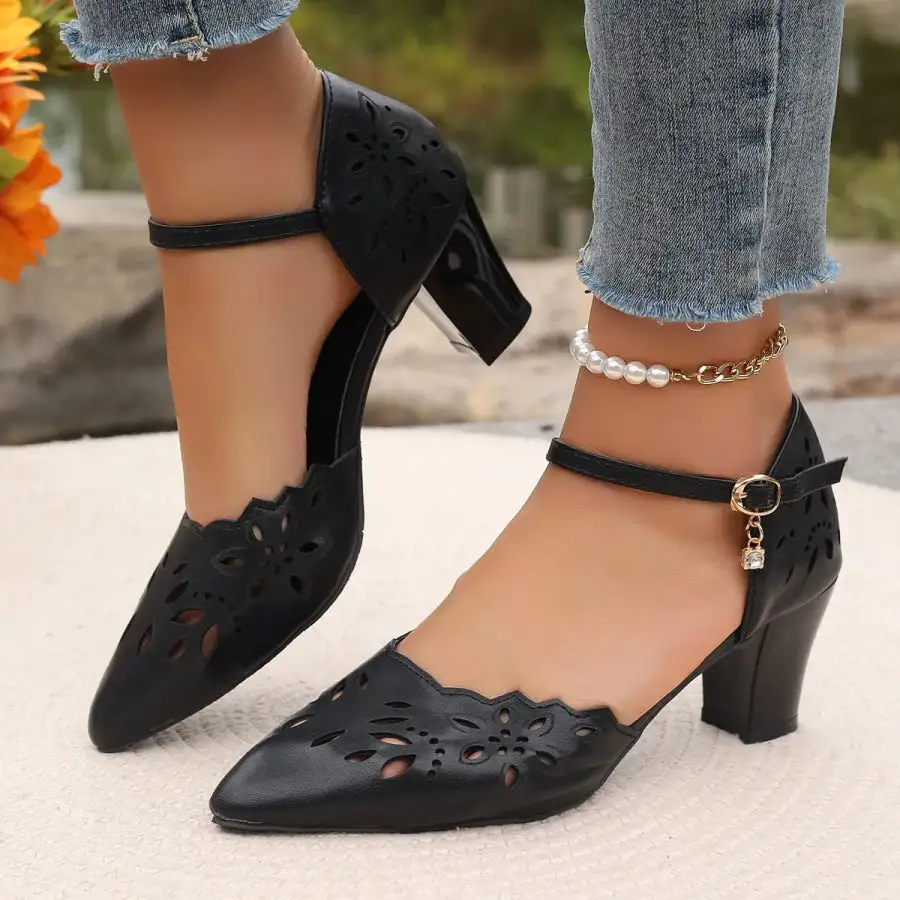 Cutout Point Toe Block Heels Sandals