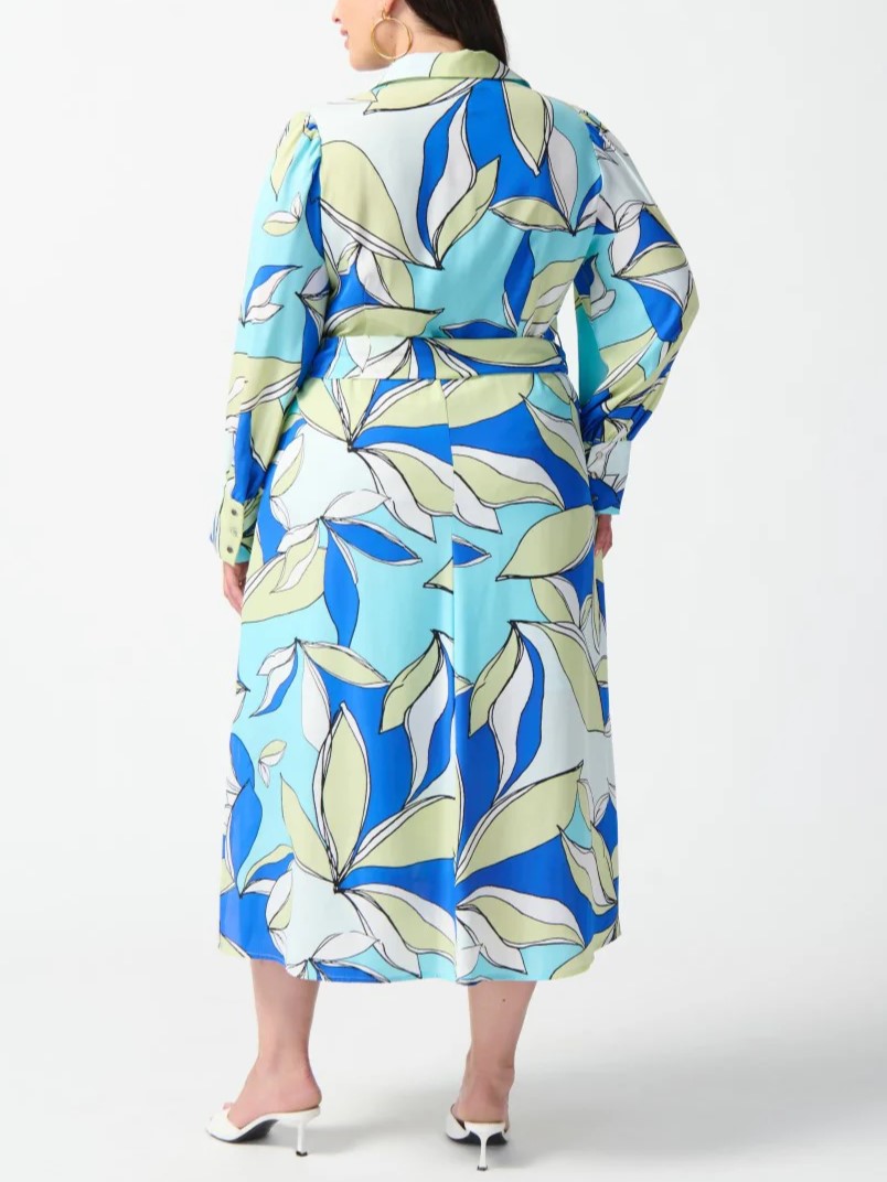 Blue and White Leaf Print Shirt Dress
