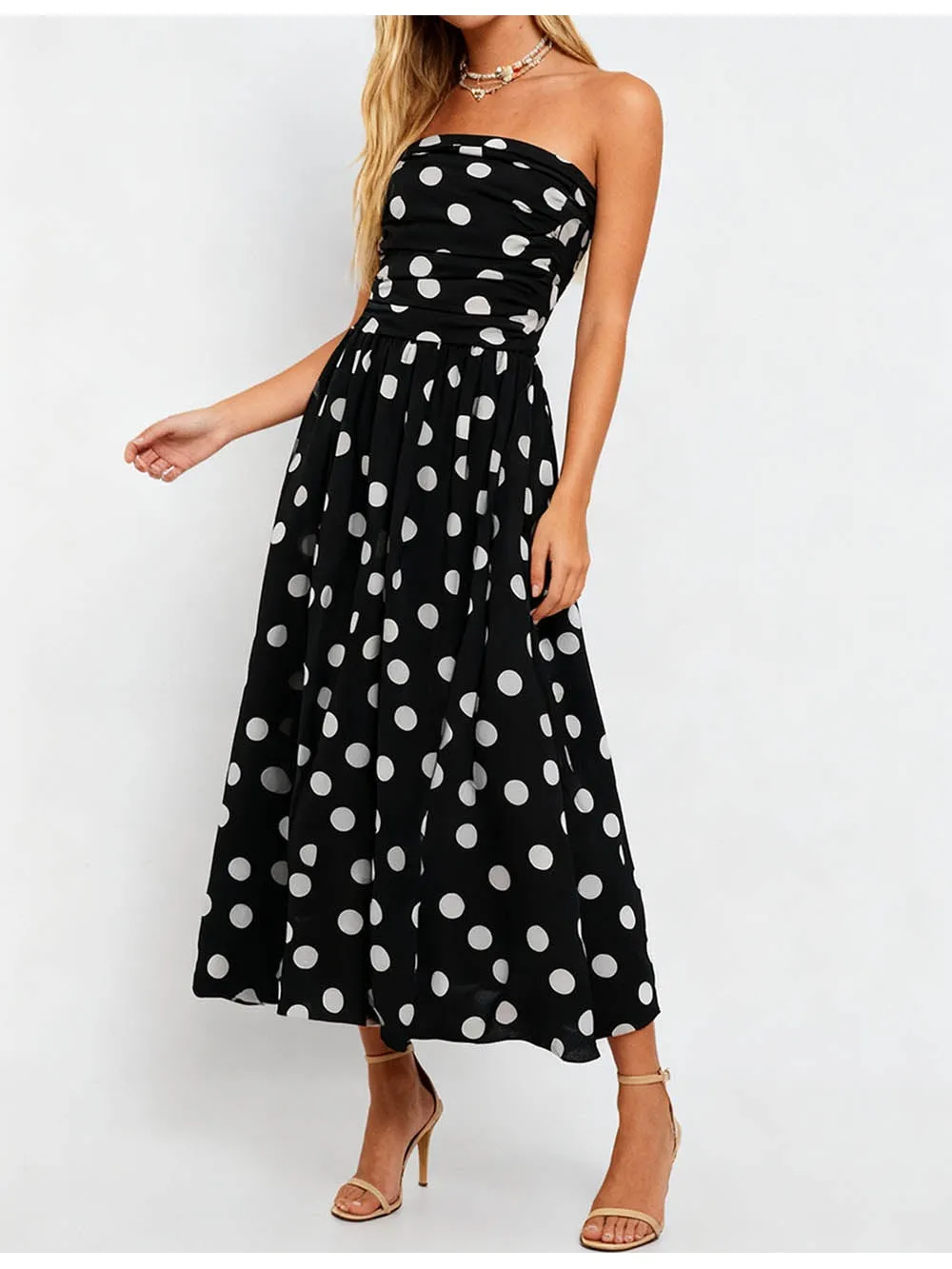 Strapless Polka Dot Smocked Sleeveless Maxi Dress