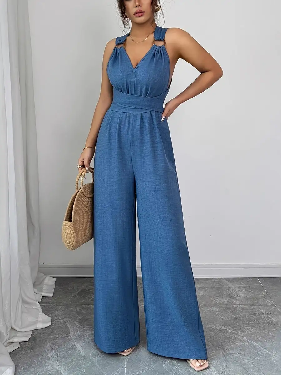 Hoog Getailleerde Mouwloze Rugloze Effen Kleur Gebonden Jumpsuits