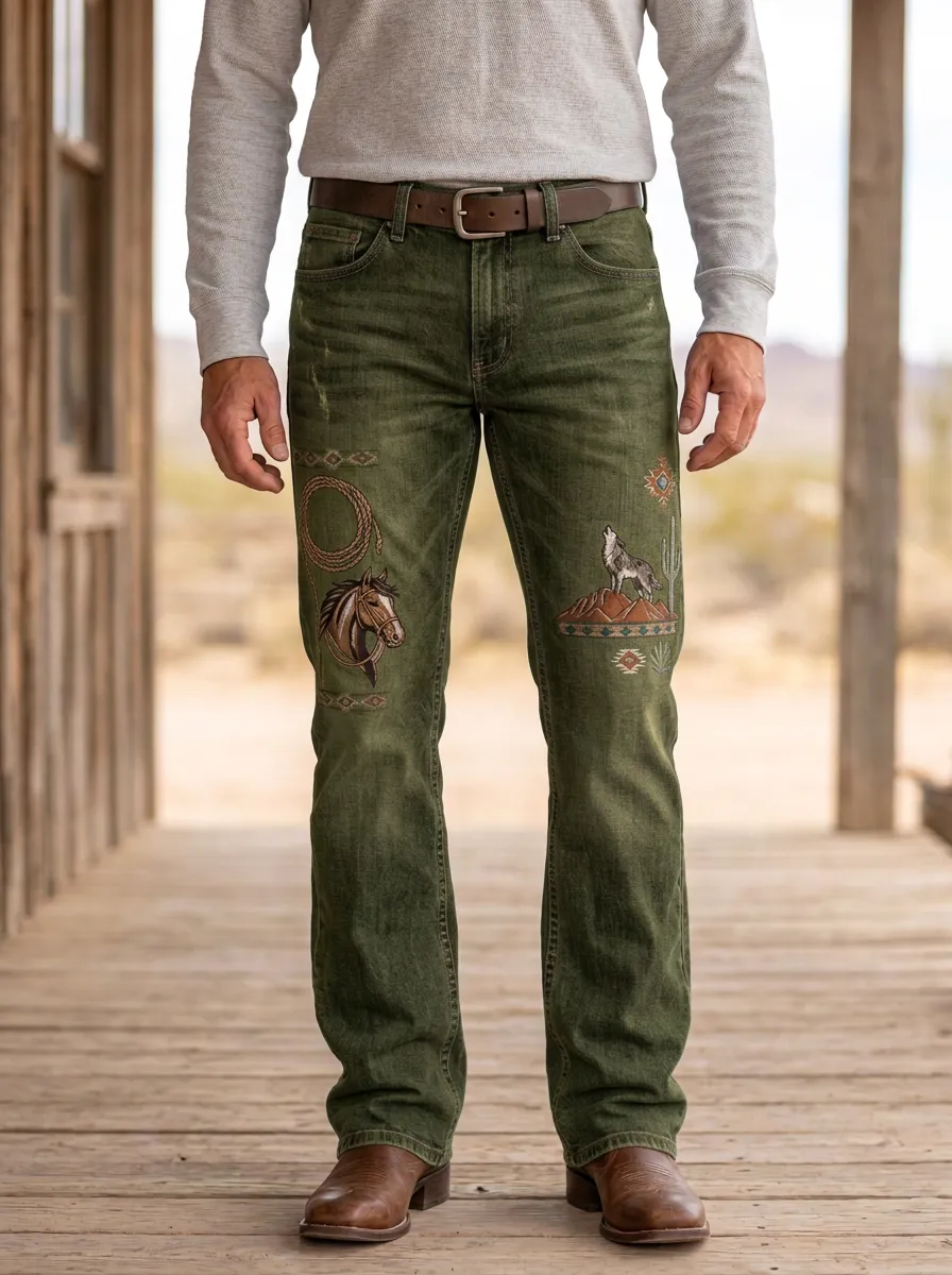Men's Western Cowboy Horse Wolf Printed Jeans
