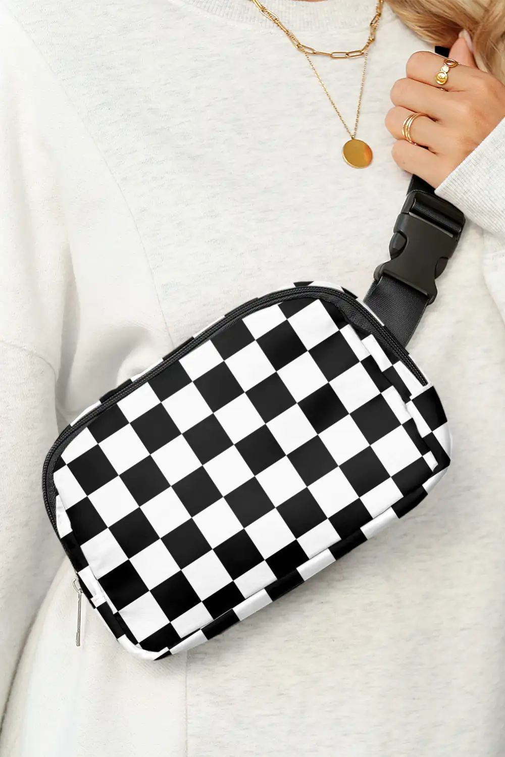 Checkered Print Buckle Wide Belt Crossbody Bag