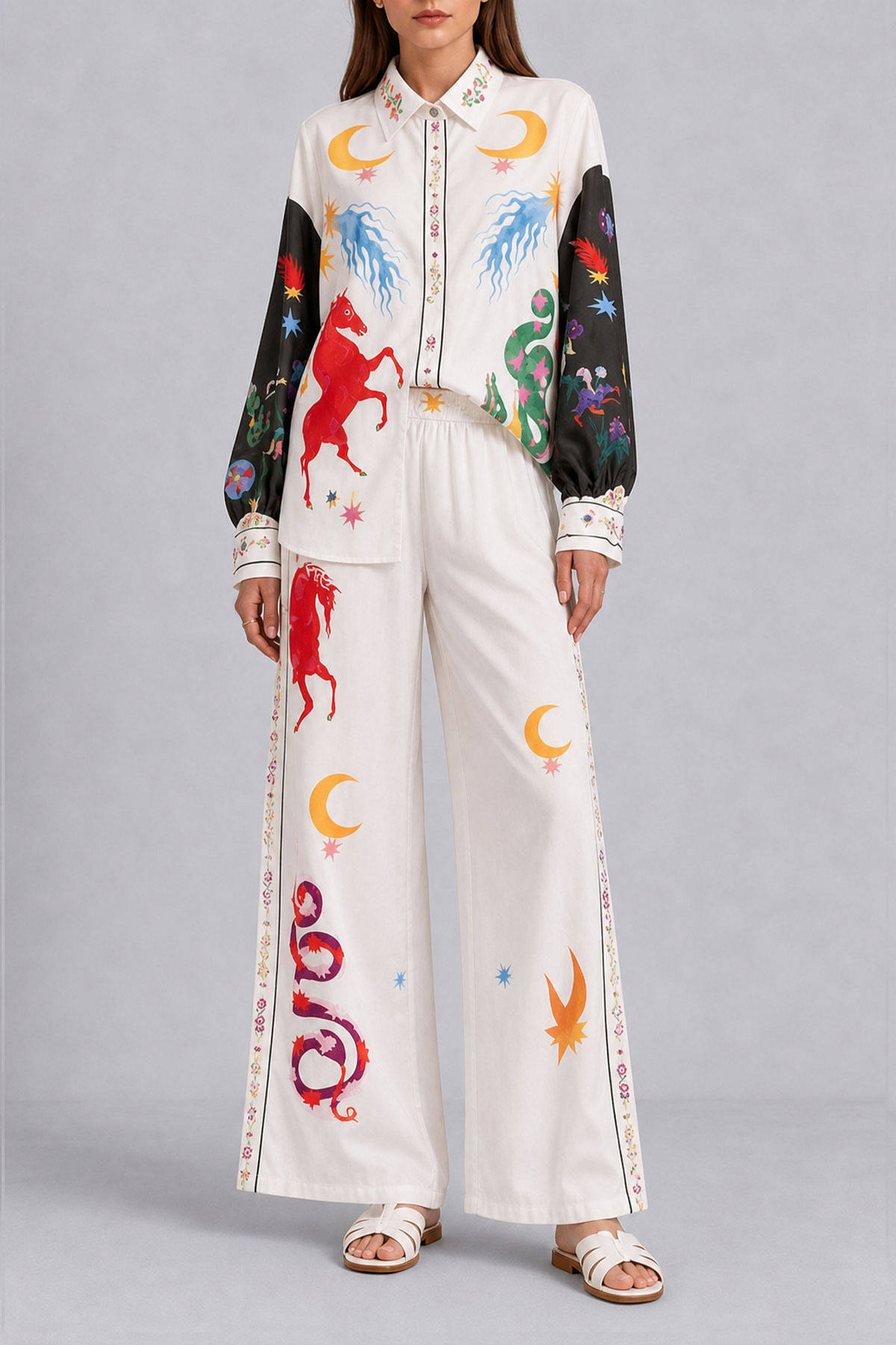 Classic Button Front Printed Matching Pants Set