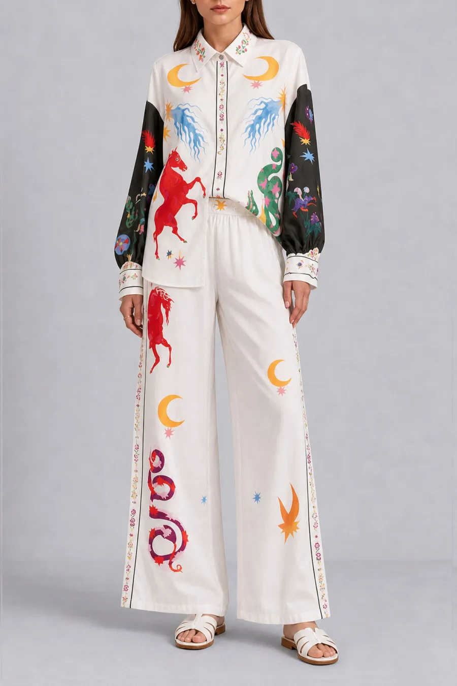 Classic Button Front Printed Matching Pants Set