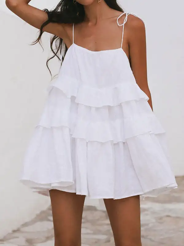 High Waisted Relaxed Backless Layered Pleated Solid Color Tied Spaghetti Neck