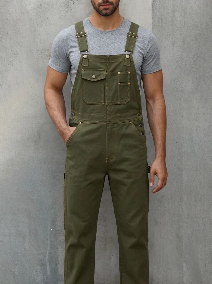 Men's Casual Olive Green Side-Button Workwear Overalls