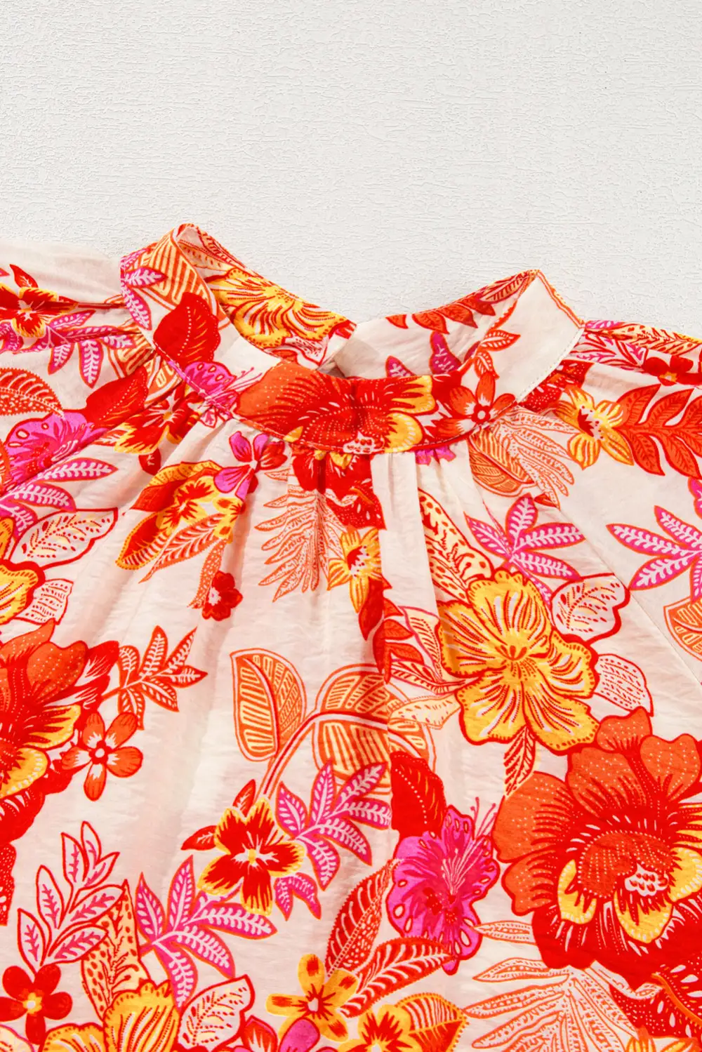 Orange Floral Print Pearl Button Keyhole Long Puff Sleeve Blouse