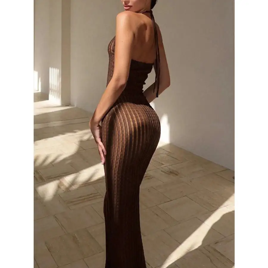 Ribbed Halter Neck Bodycon Maxi Dress