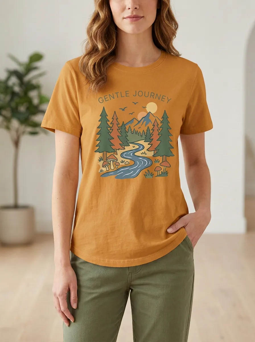 Women's Nature Gentle Journey Mountain River Print T-Shirt