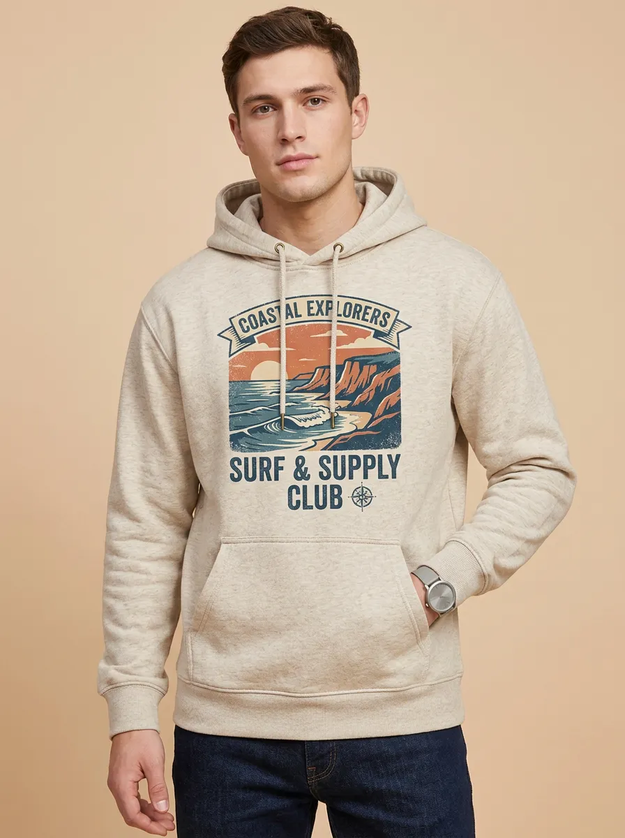Men's Coastal Explorer Surf Club Ocean Landscape Graphic Hoodie