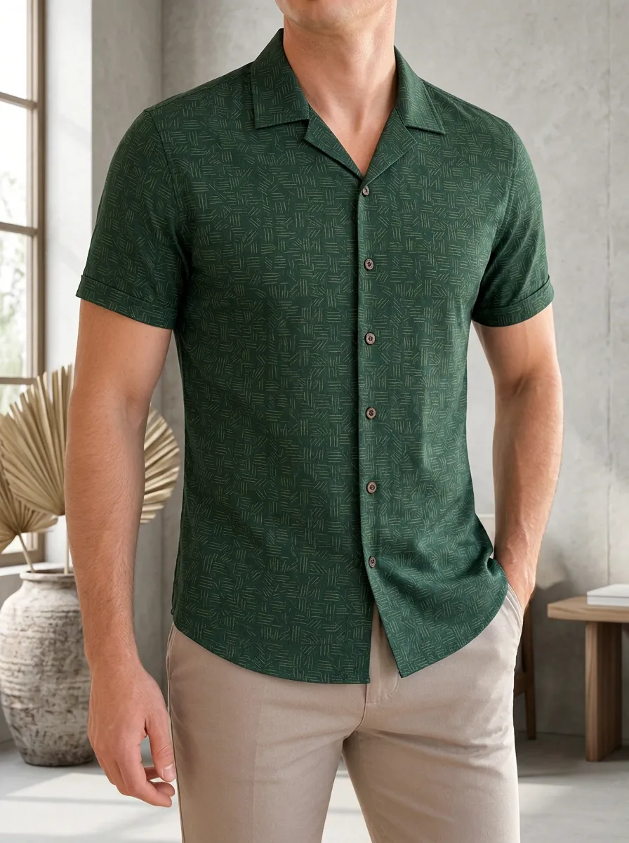 Men's Green Geometric Pattern Printed Slim Fit Shirt