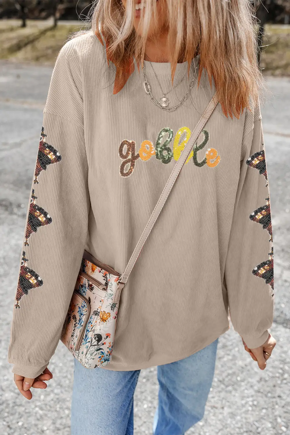 Relaxed Sequin Accent Patchwork Ribbed Sweatshirt