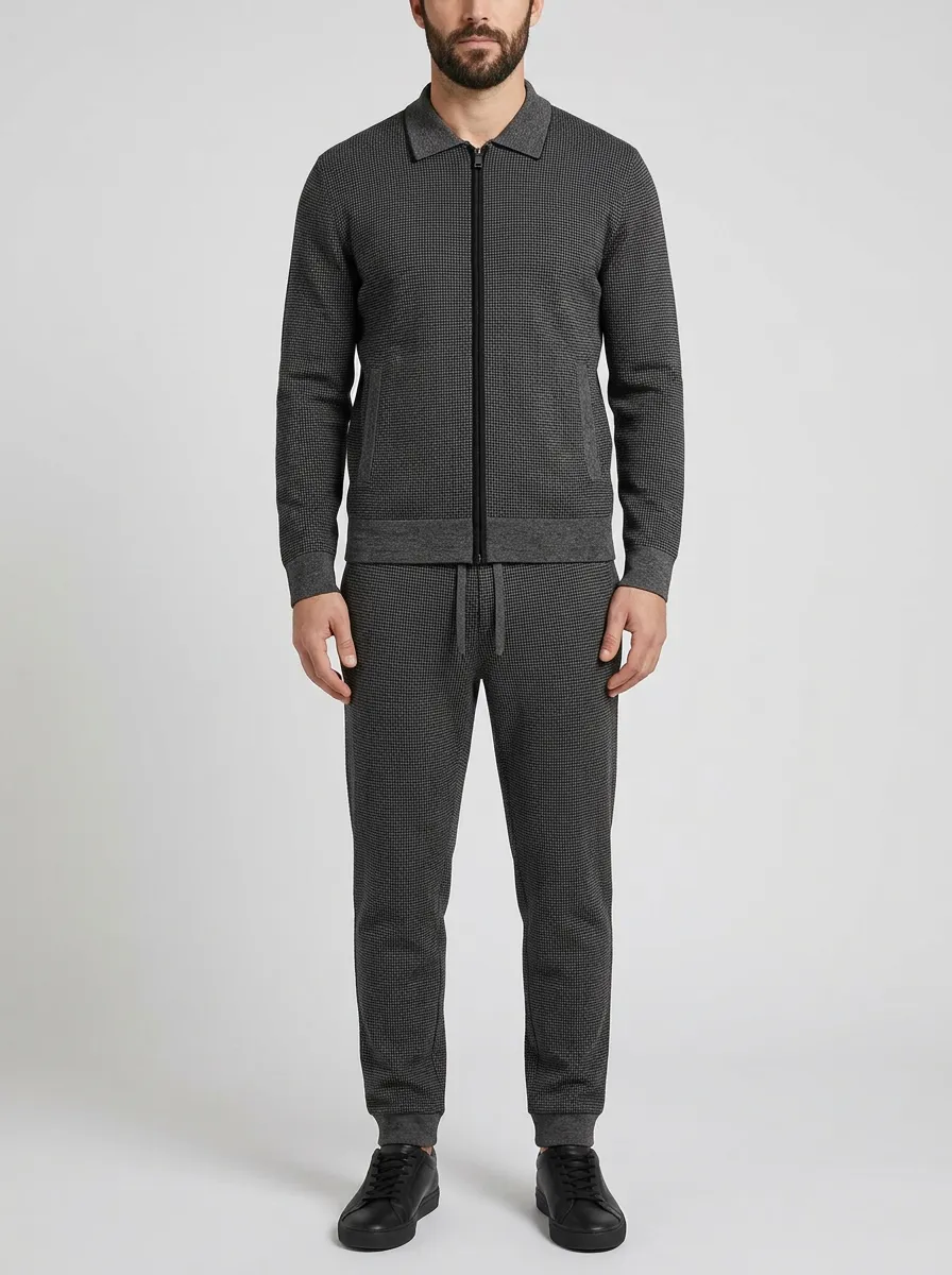 Men's Casual Houndstooth Polo Collar Jacket and Jogger Pants Set
