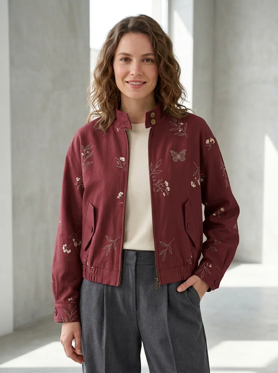 Women's Butterfly Floral Printed Bomber Jacket