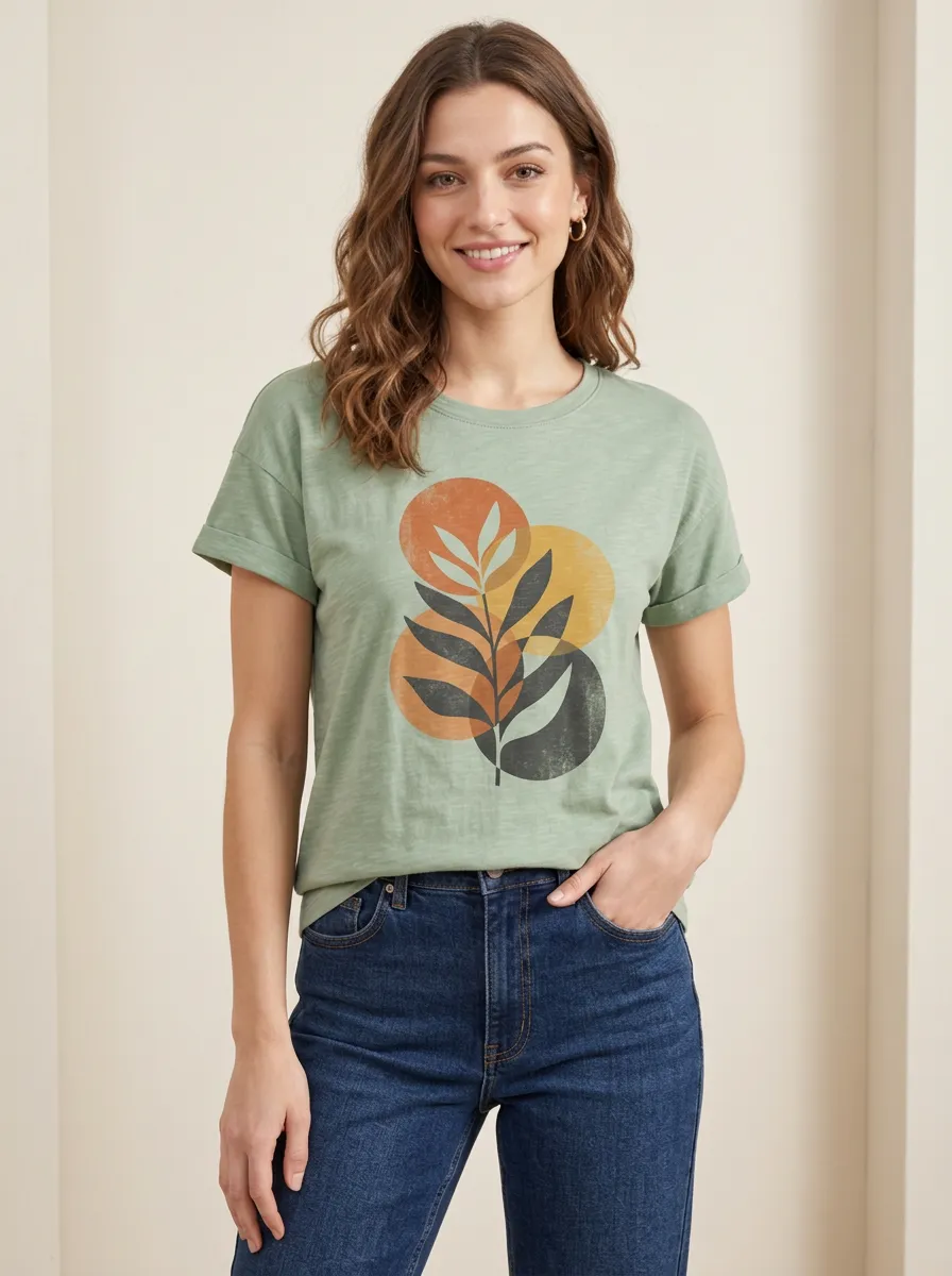 Women's Boho Abstract Leaf Circles Expressive Printed Tee