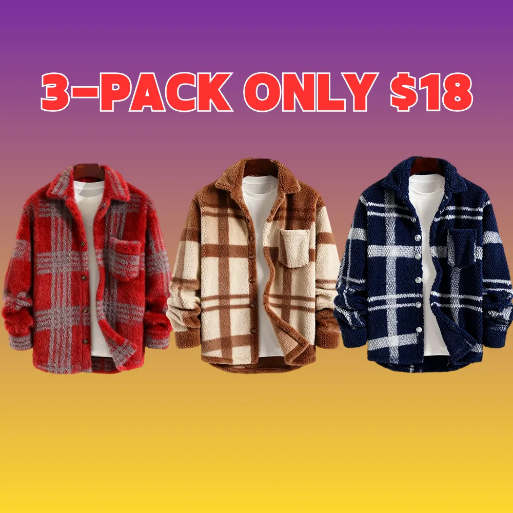 Men's Plaid Print Button Front Fleece Winter Jacket, Casual Comfortable Warmth Regular Fit Long Sleeve Pockets Warm Fleece Material Outerwear for Fall & Winter, Mens Clothing, Men's Clothes for Daily Wear