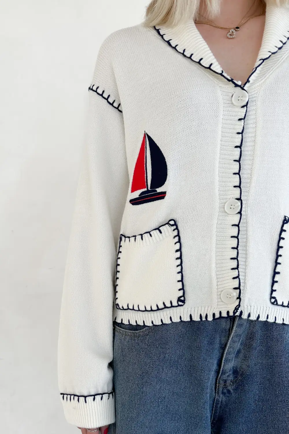 Easy Pull On Knit Embroidered Cardigan