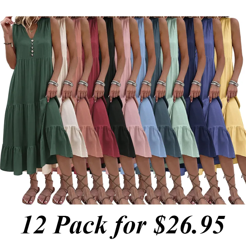 12PACK-Contrast Color Cotton And Linen Casual Dress