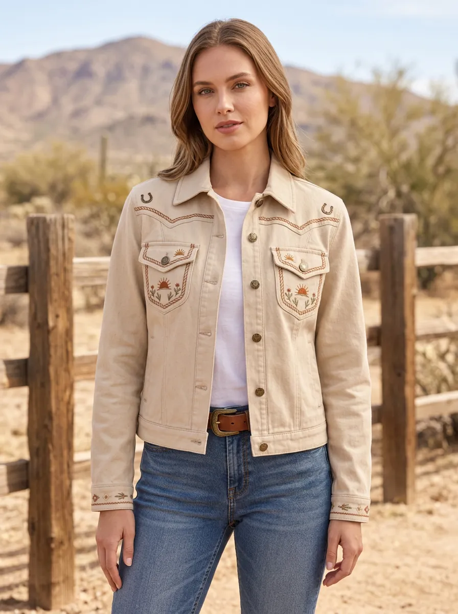 Women's Western Horseshoe Horse Desert Sun Embroidered Jacket