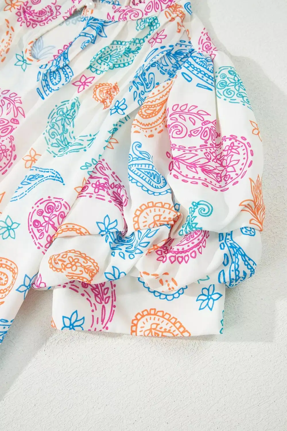 Button Front Puff Sleeve Paisley Blouse