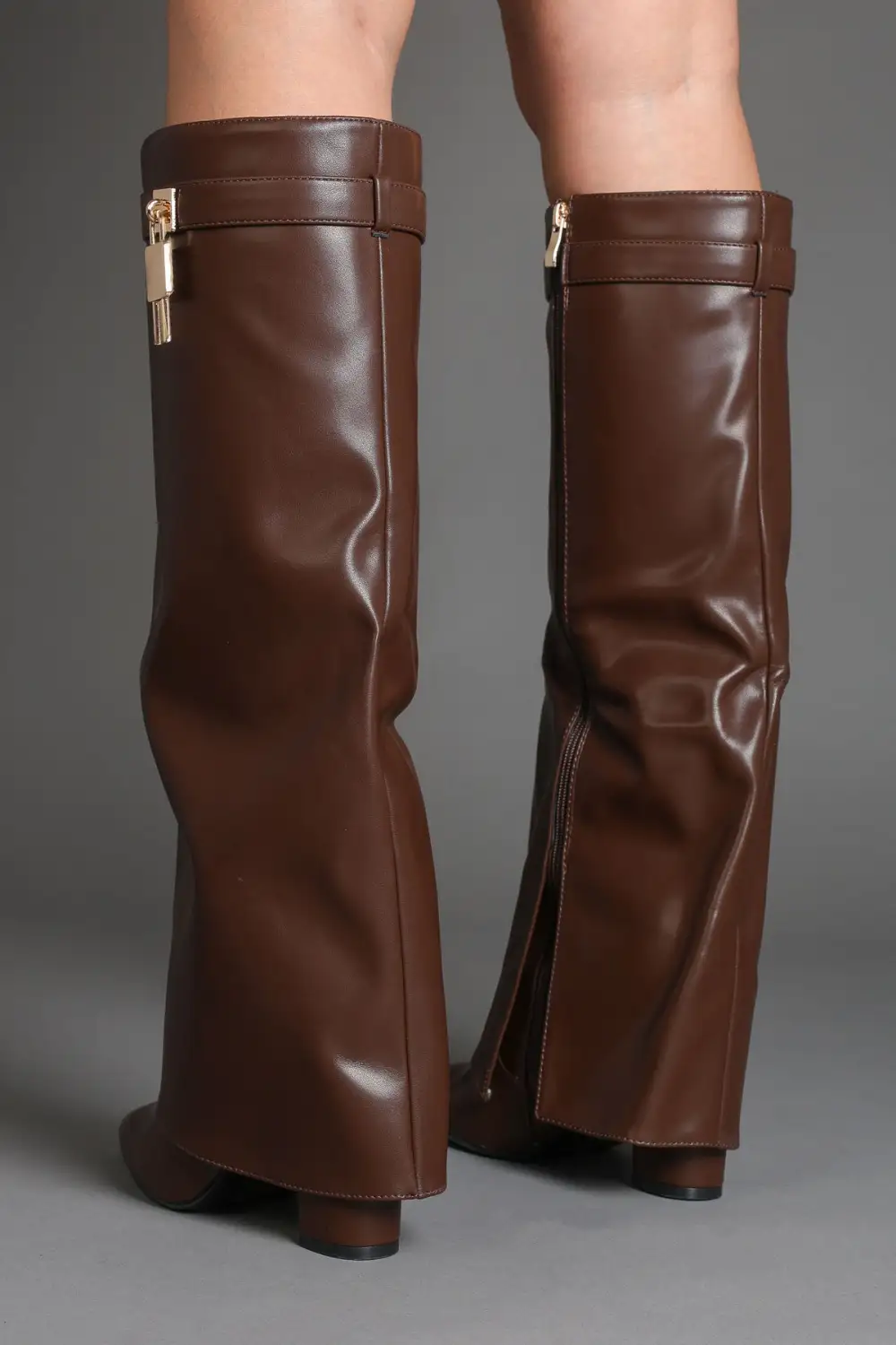 Slouch Fold-Over Padlock Detail Pointed Toe Knee High Boots
