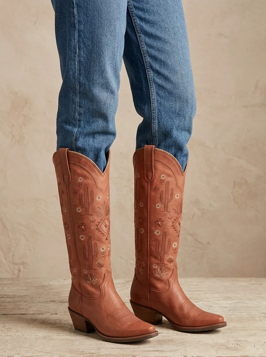 Women's Cactus Floral Geometric Embroidered Pointed-Toe Block-Heel Western Denim Over-the-Knee Boots