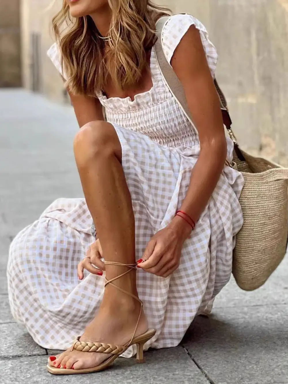 Plaid Ruffle Sleeveless Midi Dress
