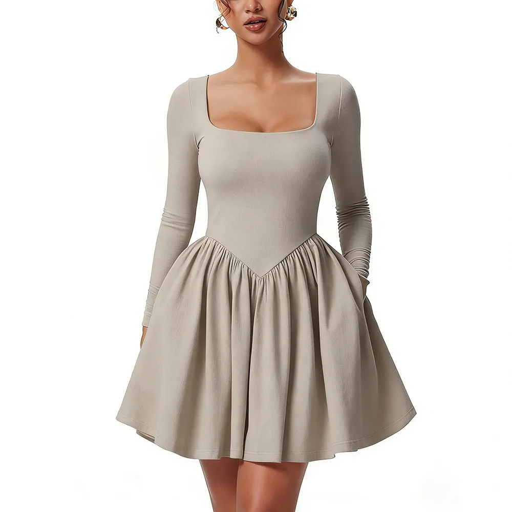 Women'S Square Neck A Line Dress With Pockets