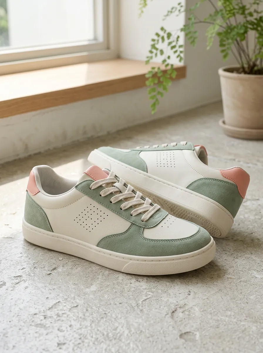 Women's Sage Green and Pink Colorblock Suede Printed Sneakers