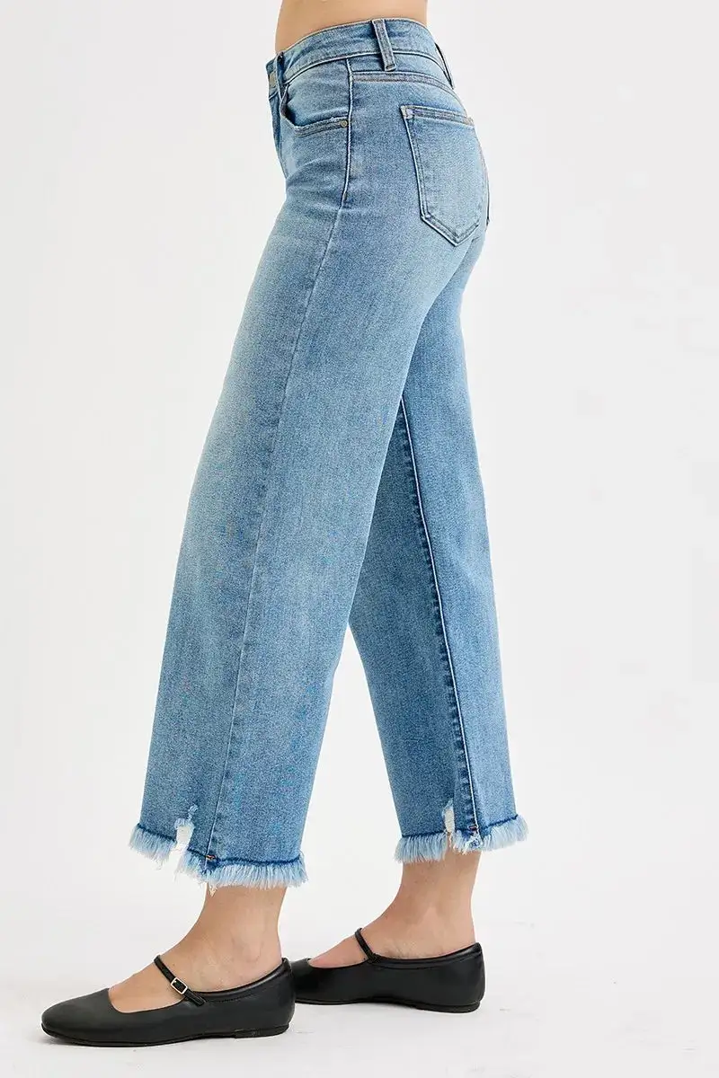 Mid Rise Raw Hem Frayed Hem Wide Leg Jeans