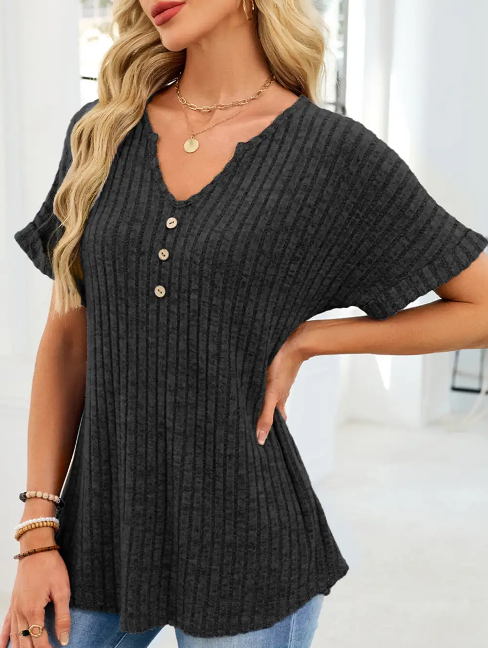 V Neck Button Front Loose Ribbed Tee