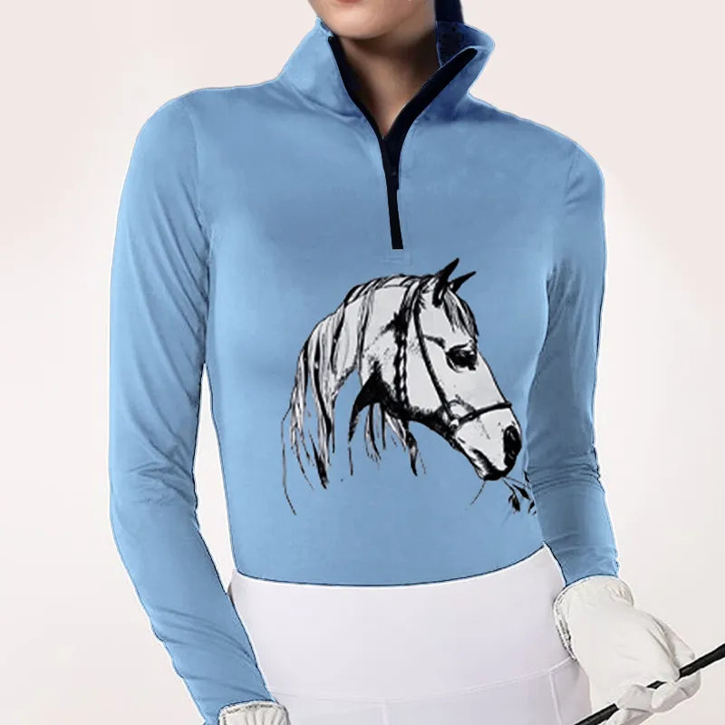 My Therapist Eats Hay Women's Riding Style Horse Print Long Sleeve Casual Shirt