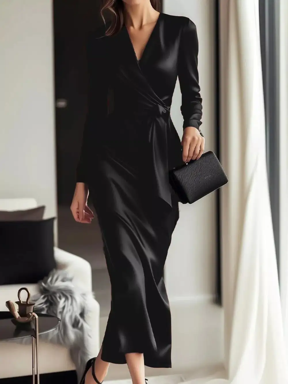 Satin Long Sleeve Wrap Dress