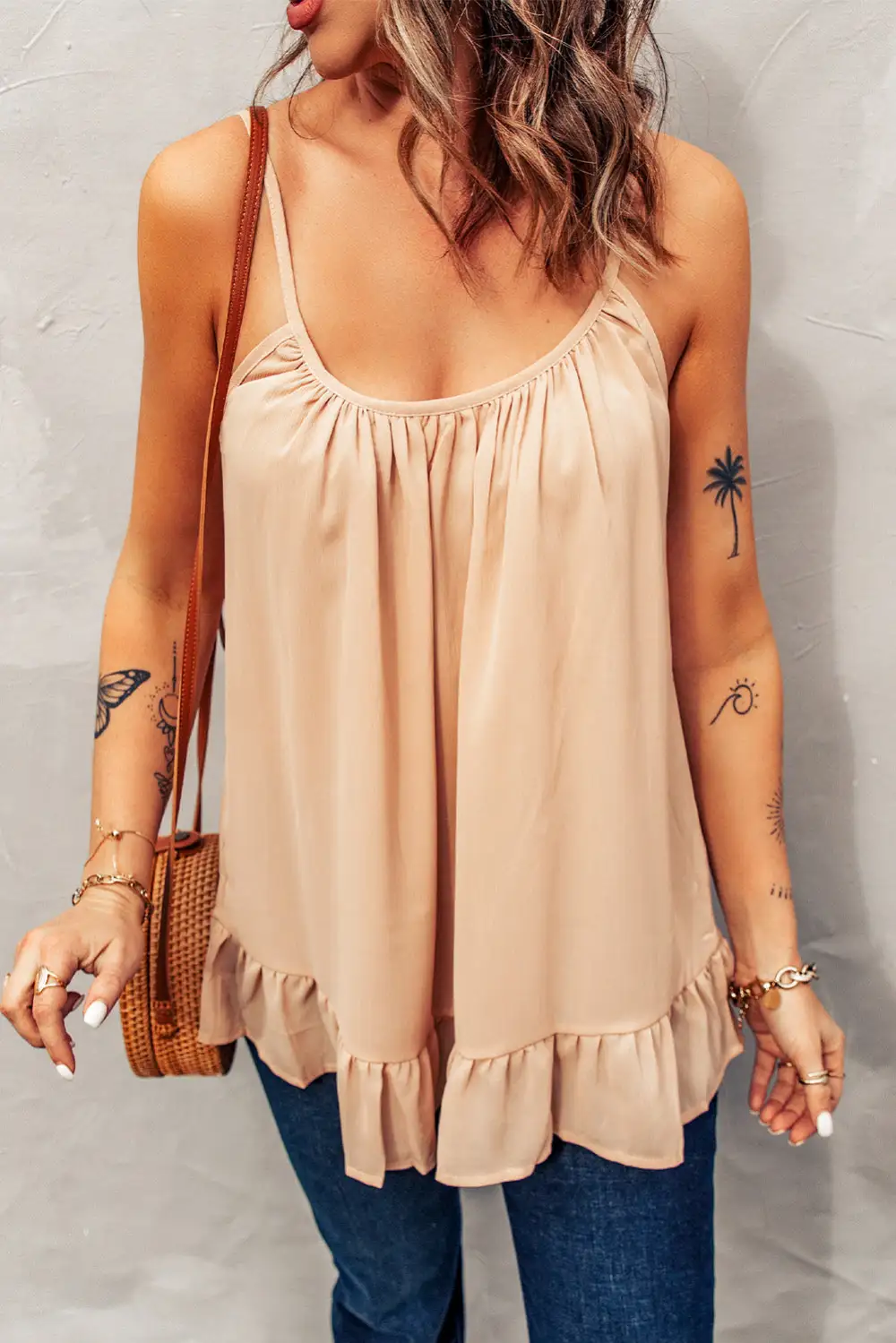 Softline Spaghetti Straps Pleated Ruffled Tank Top