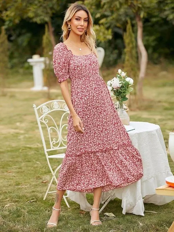 Women Square Neck Ditsy Floral Frill Trim Dress
