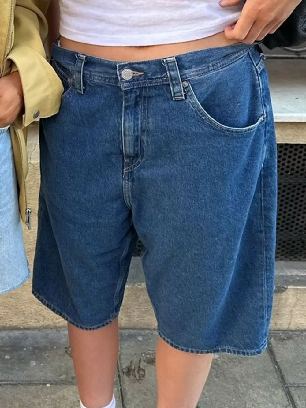 Textured High Waist Denim Shorts with Pockets