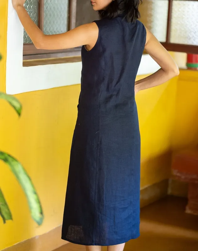 Navy Blue Linen Notch-Collar Dress