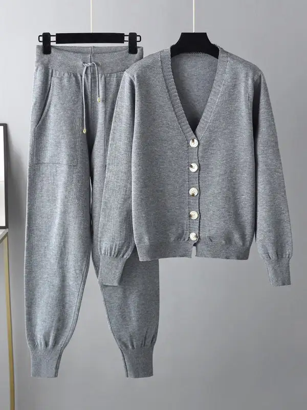 Relaxed V Neck Cardigan And Pants Set