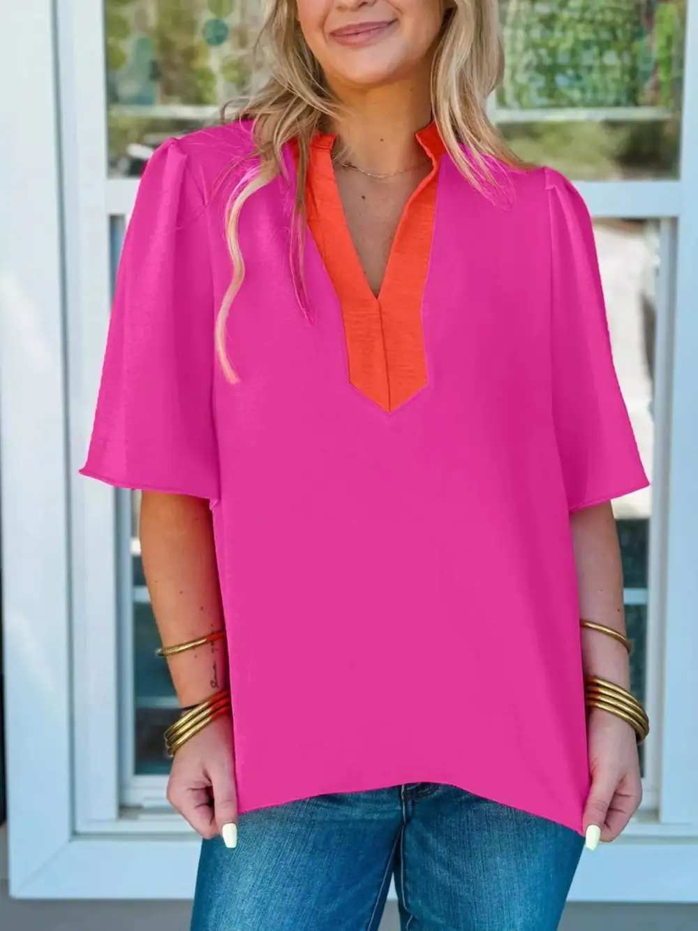 Notched Half Sleeve Blouse