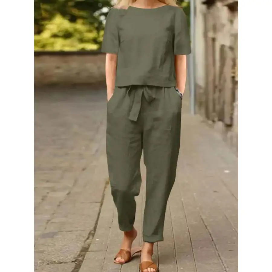 Relaxed Round Neck Short Sleeve Top and Pants Set