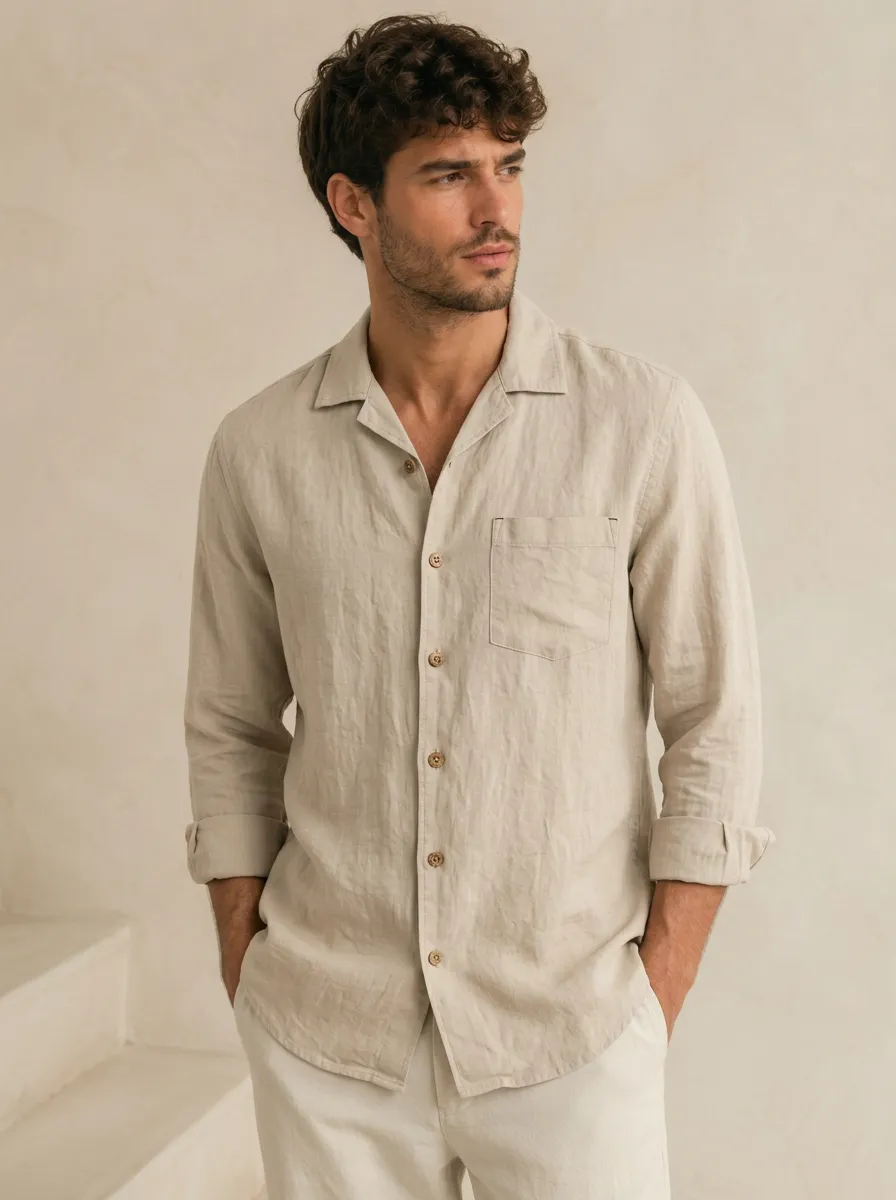 Men's Beige Camp Collar Long Sleeve Shirt